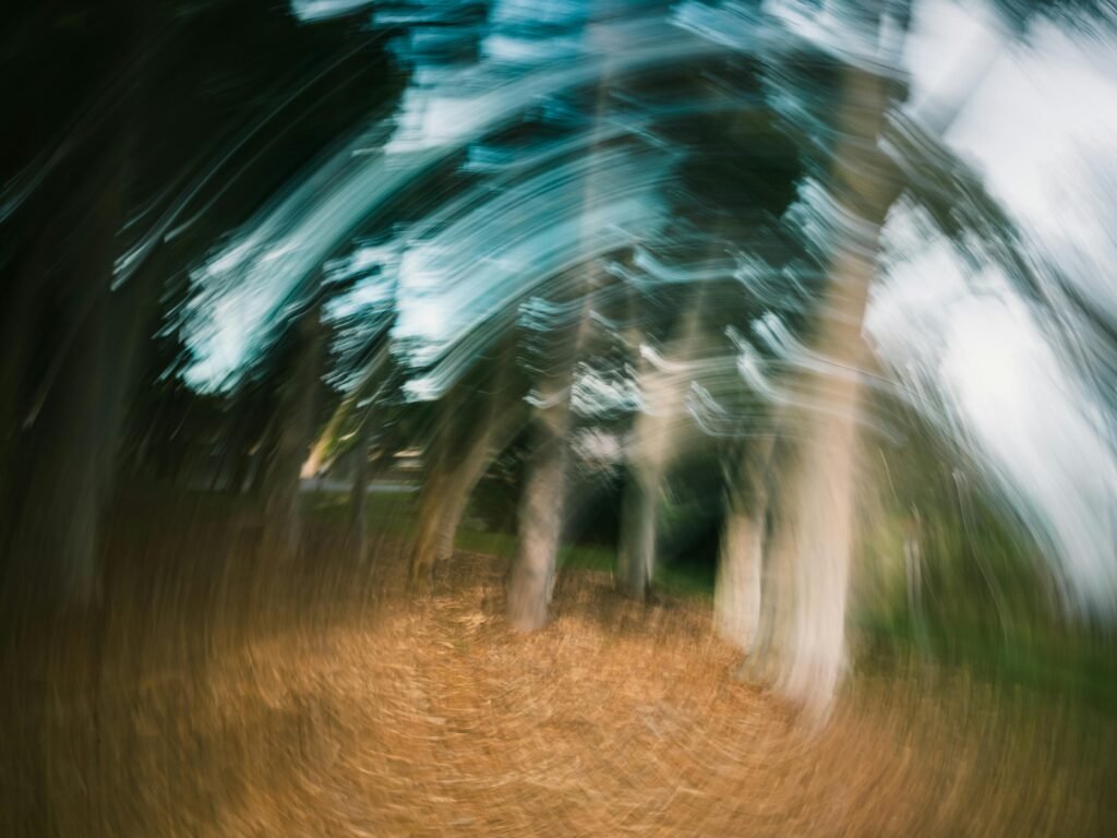 Whirling abstract motion of a forest scene with blurred trees and earthy tones.